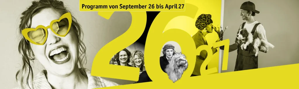 Banner zur Leierkasten-Spielzeit 2026/27 mit Collage aus Künstlerinnen, Künstlern und Kindertheaterfiguren sowie dem Schriftzug „Programm von September 2026 bis April 2027“.
