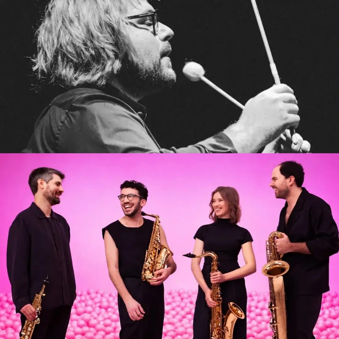 Christian Benning und das Arcis Saxophon Quartett musizieren mit Saxophon und Percussion im Stil der 1920er Jahre